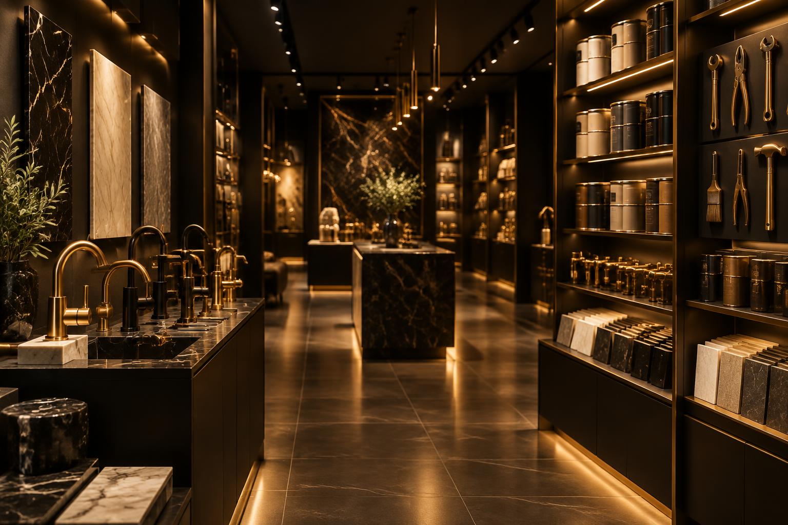 Showroom premium com revestimentos, metais e iluminação de design